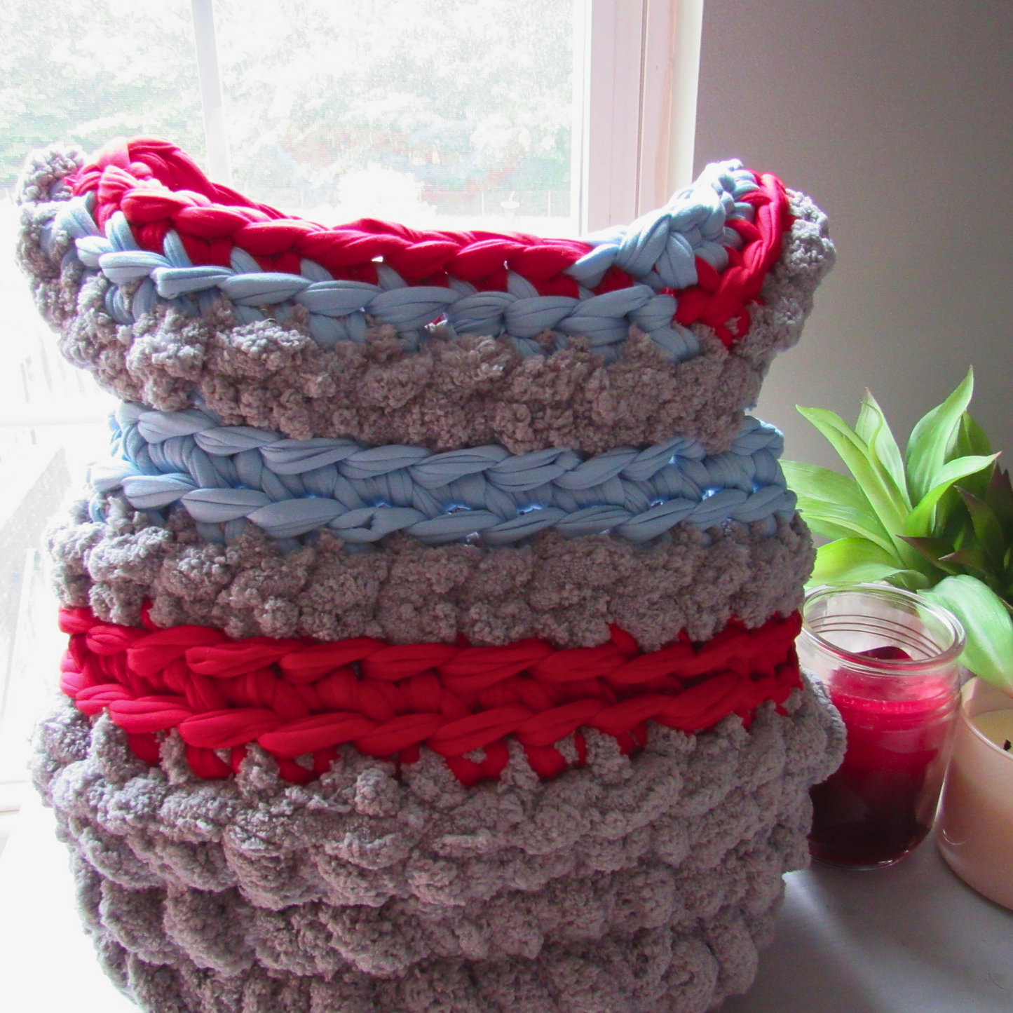 grey crocheted storage basket