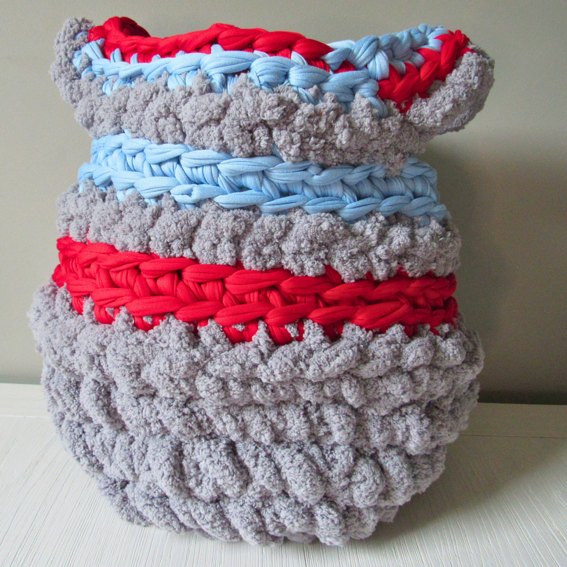 grey crocheted storage basket