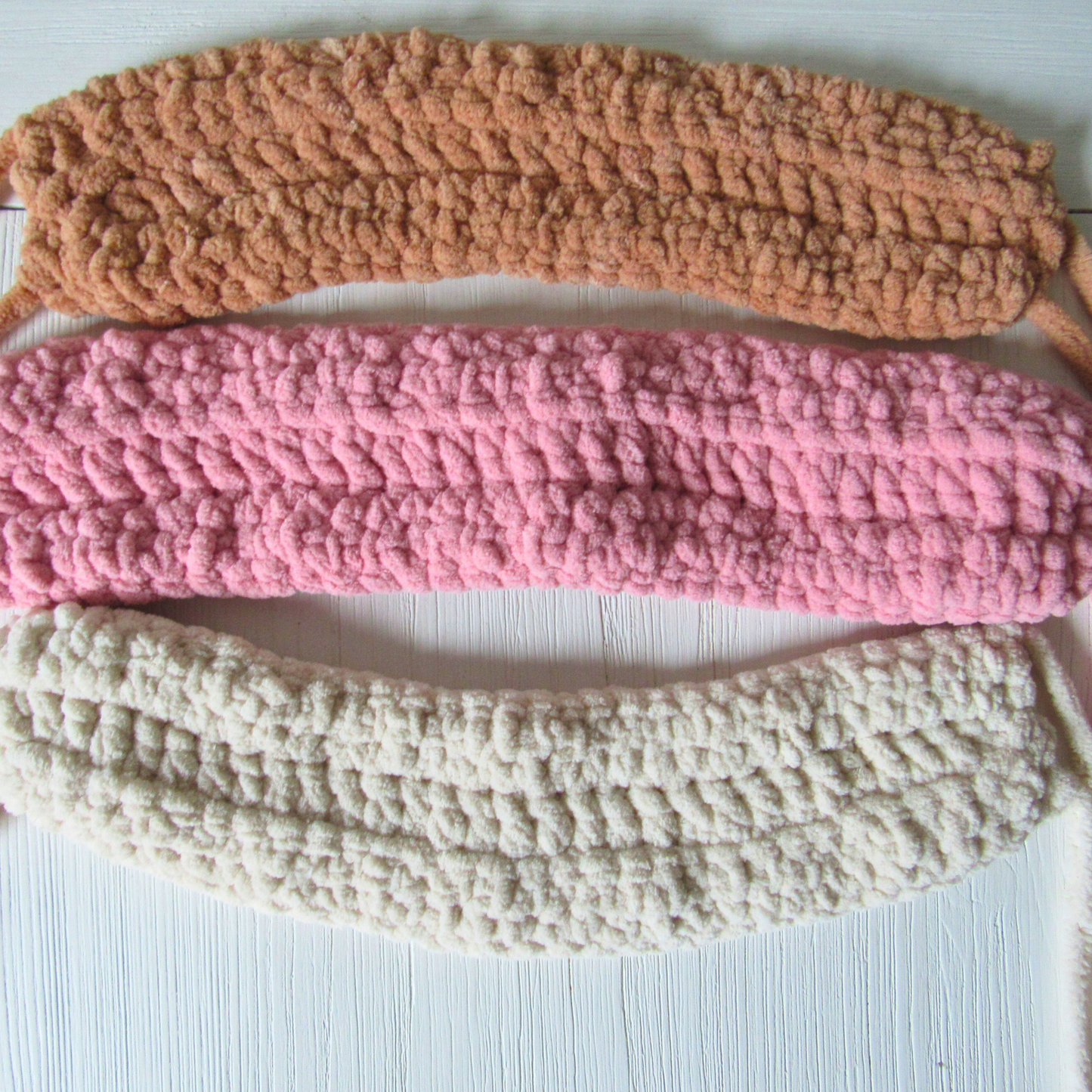 Crocheted Sleep Mask in dark beige, white and pink