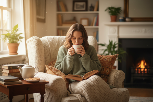 woman sipping tea and reading